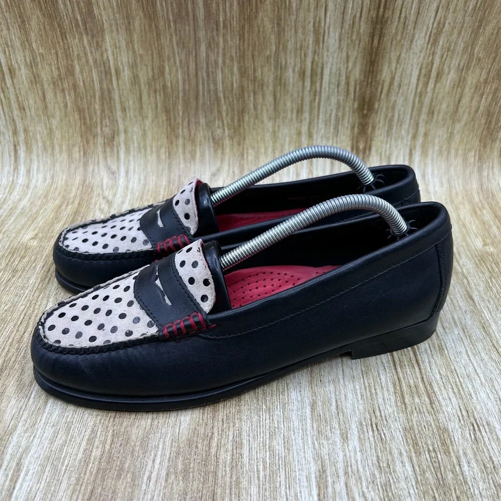 GH Bass Weejuns Loafers Women's Size 7.5 Black White Polka Dot Penny Shoes